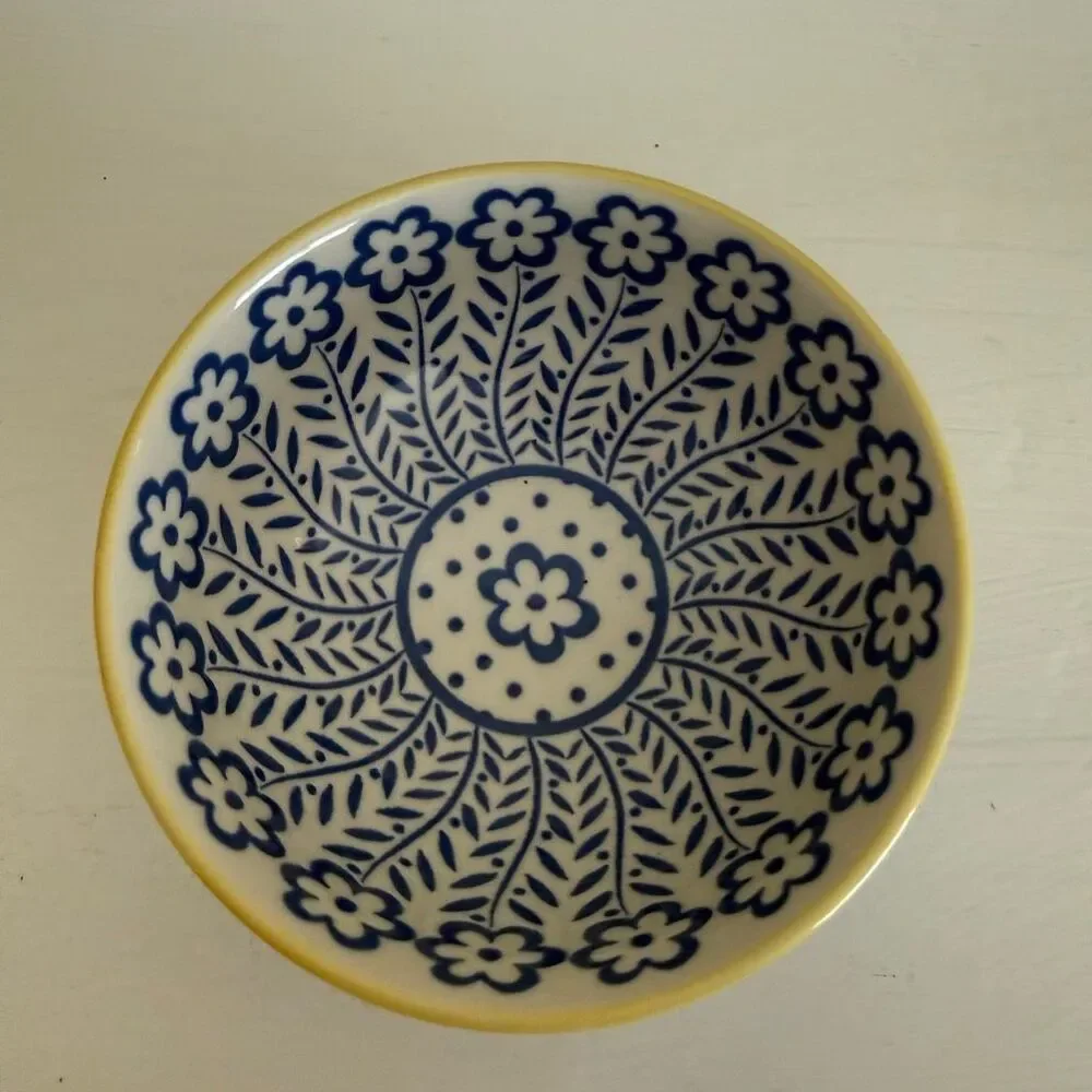 Vintage Blue & White Floral Bowl | Made in Japan | Yellow Rim Accent